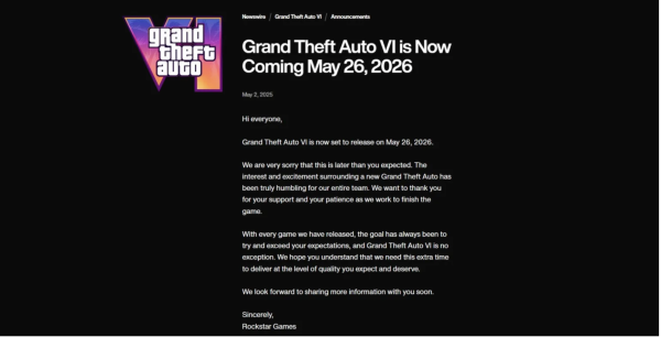 Expected! This image is confirming the delayed release of GTA VI, from Rockstar Games.